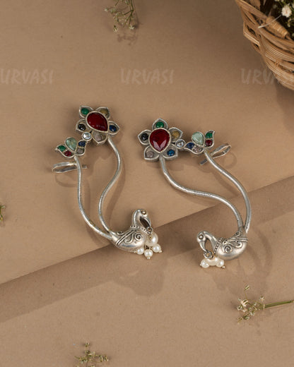 Oxidised Silver Floral Peacock Earcuff Earrings ER 1268