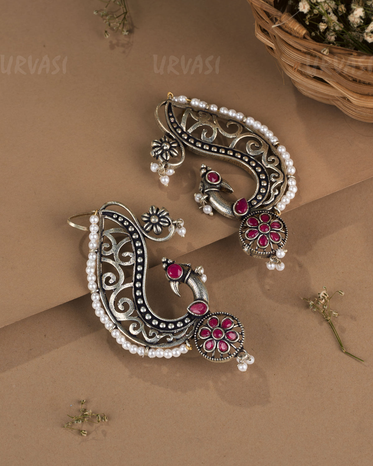 Oxidised Silver Floral Peacock Earcuff Earrings ER 1265