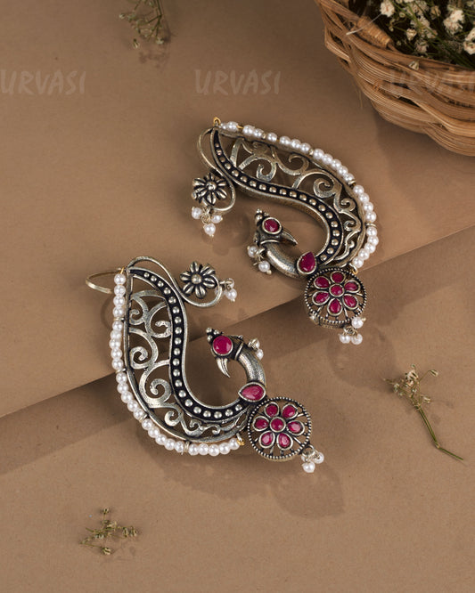 Oxidised Silver Floral Peacock Earcuff Earrings ER 1265