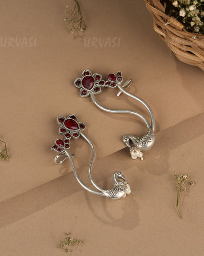 Oxidised Silver Floral Peacock Earcuff Earrings ER 1268
