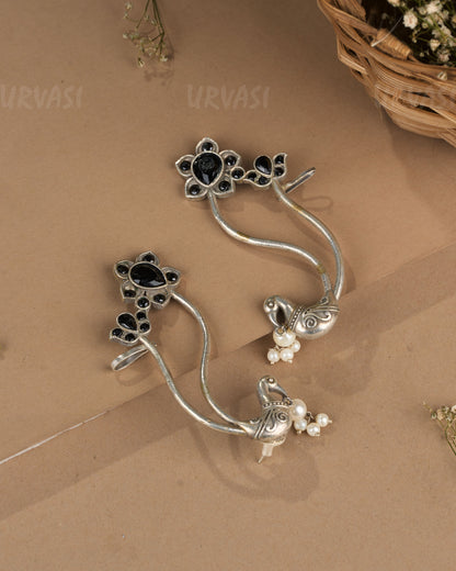 Oxidised Silver Floral Peacock Earcuff Earrings ER 1268