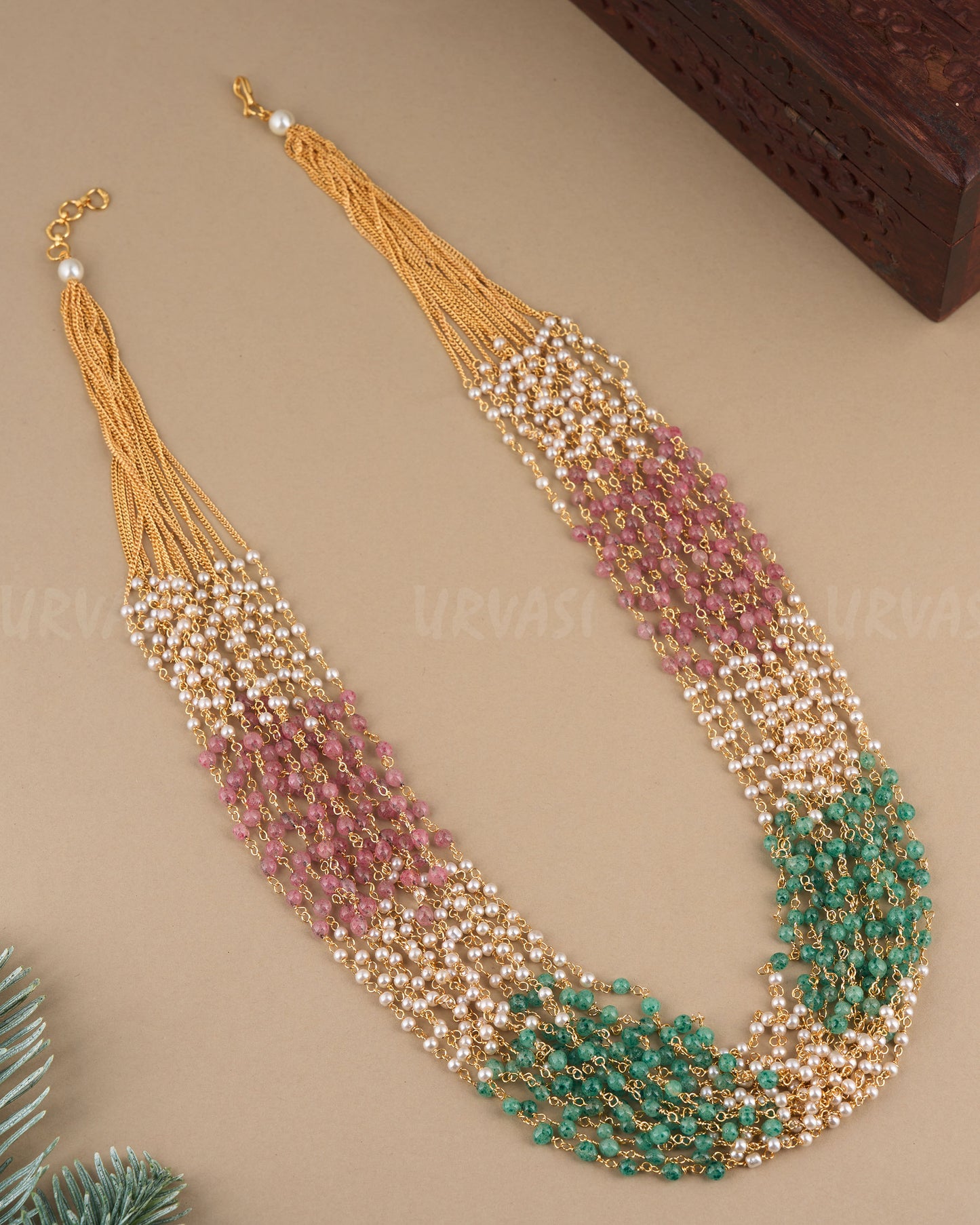 Gold-Toned Multi-Layered Pastel Beaded Long Mala Ma 100