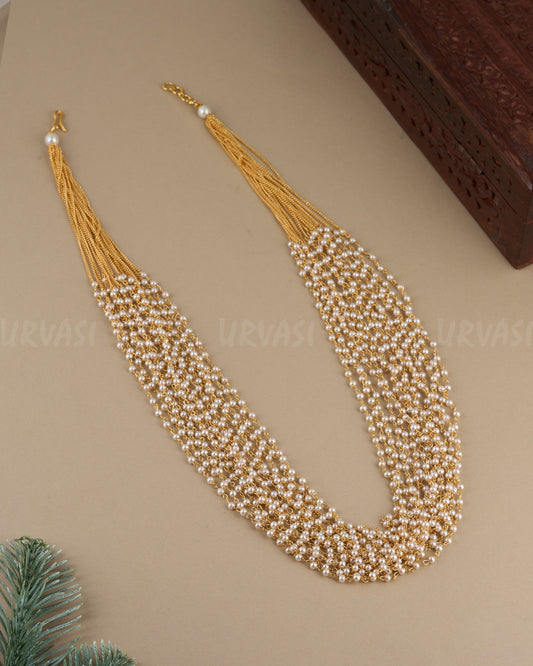 Gold-Toned Multi-Layered Pearl Long Mala Ma 099