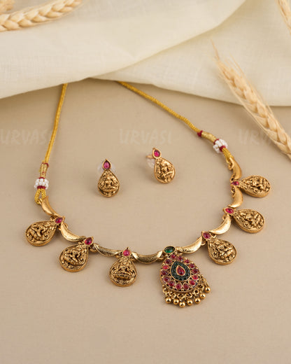 Gold-Toned Lakshmi Cluster Pendant  Stone Necklace 019