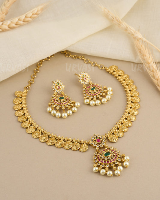 Gold-Toned  Kaasu-Designed Lakshmi Floral Necklace 013