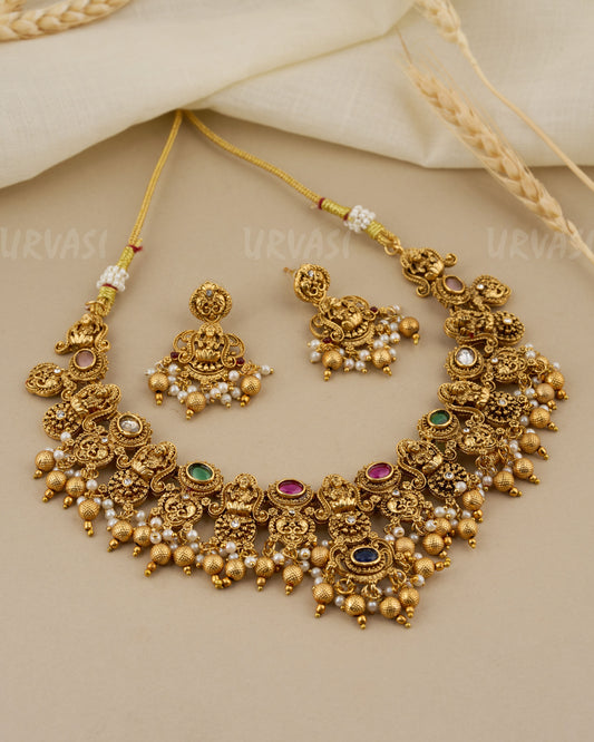 Gold Toned Lakshmi Elephant Motif Pearl Necklace  039