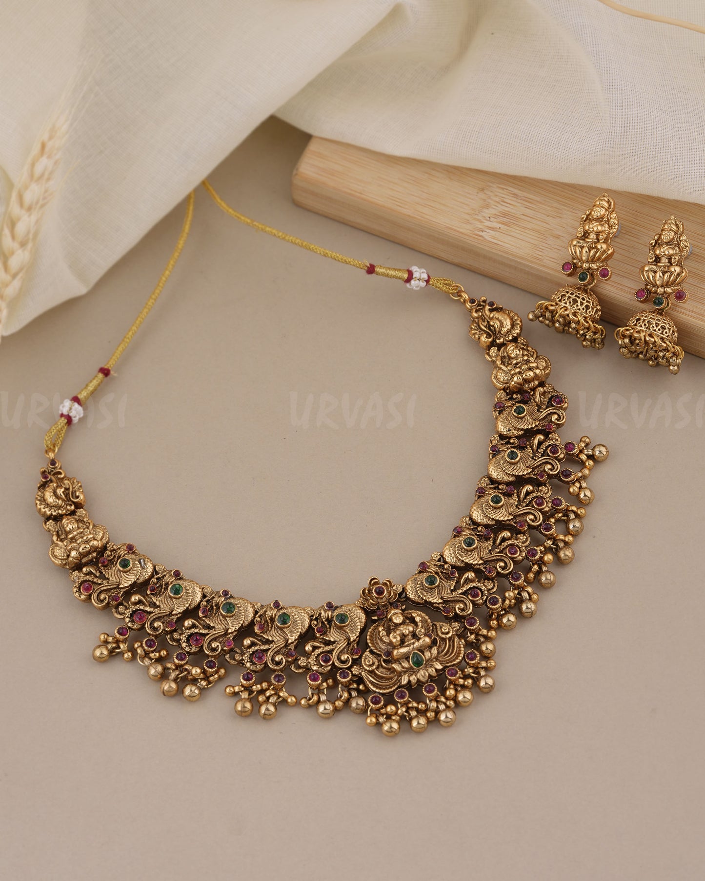 Gold-Toned Lakshmi Pendant Peacock Necklace 973