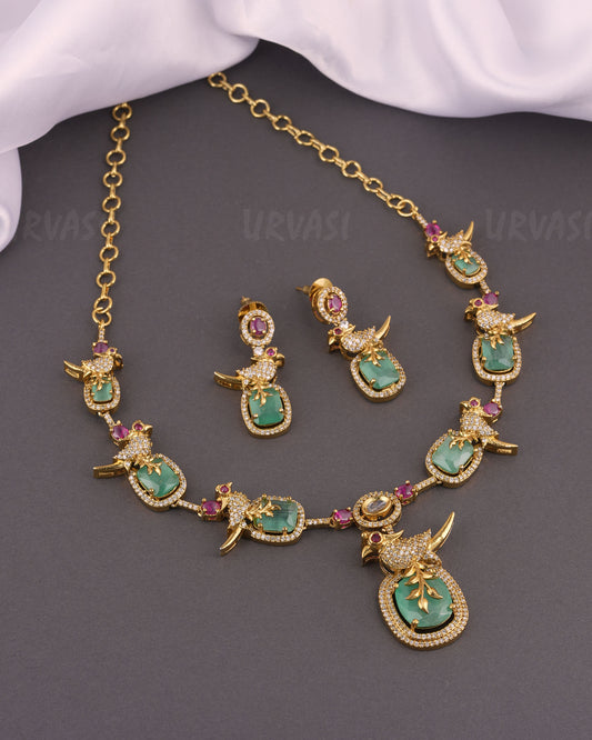 Mehendi Polish Victorian Style Bird-Shaped AD Necklace   513