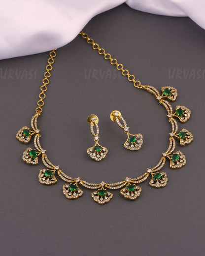Gold-Toned Leaf-Designed Stone-Studded A Necklace 516