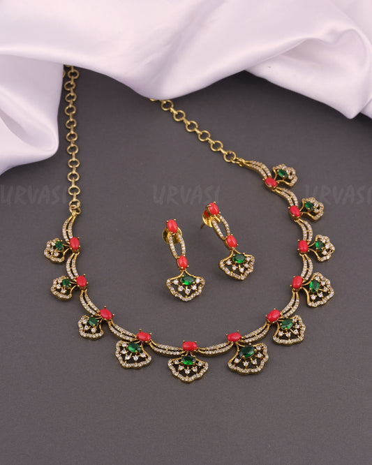 Gold-Toned Leaf-Designed Stone-Studded A Necklace 516