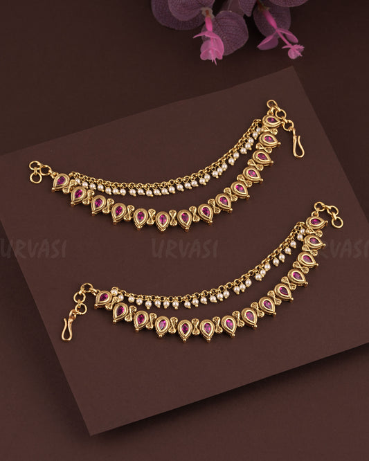 Gold-Toned Drop Designed Pearl Two-Layer Ear Chain EC 76