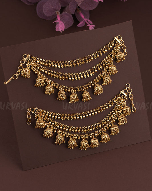 Gold-Toned Three-Layer Beaded Jhumka Ear Chain EC 79