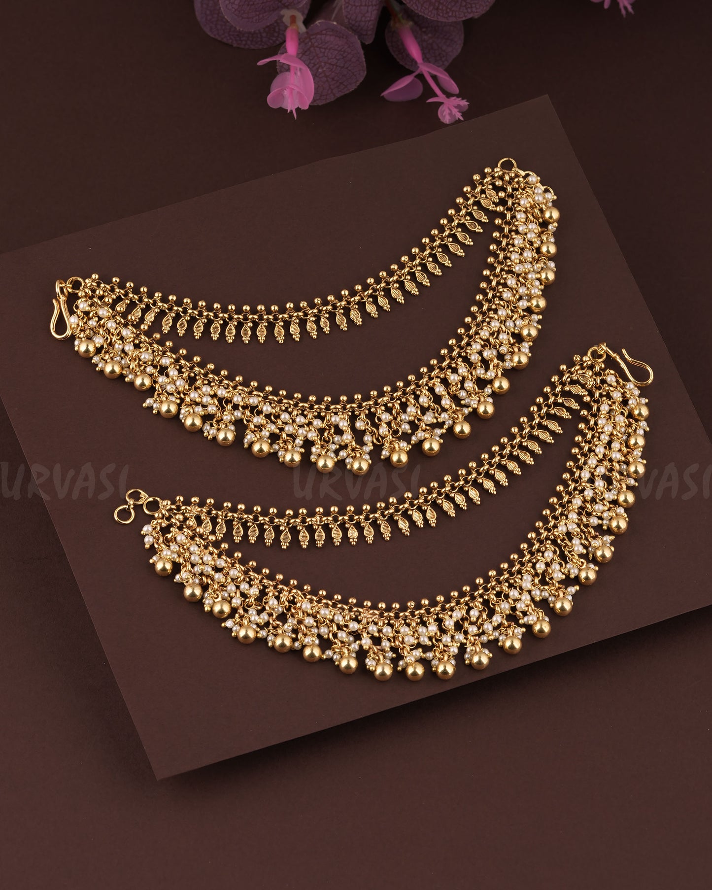 Gold Polish Leaf Designed Ghungroo Beaded Two layer Ear-Chain EC 72
