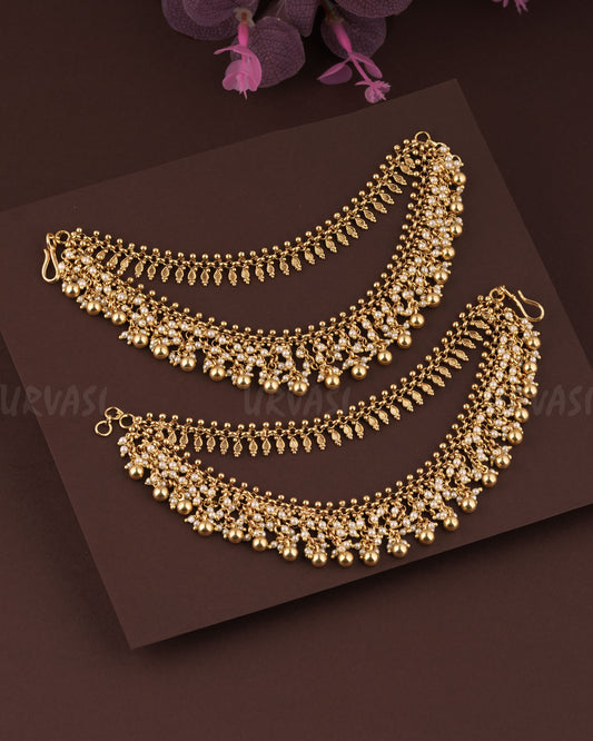 Gold Polish Leaf Designed Ghungroo Beaded Two layer Ear-Chain EC 72