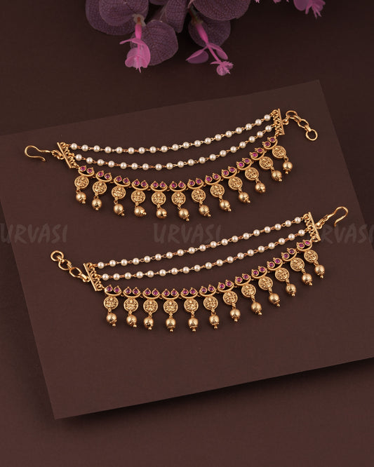 Gold-Toned Three-layer Lakshmi Beaded Ear Chain EC 81