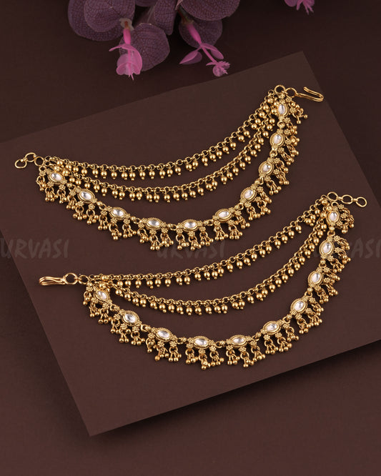 Gold-Toned Floral Three-Layer Beaded Ear Chain EC 85
