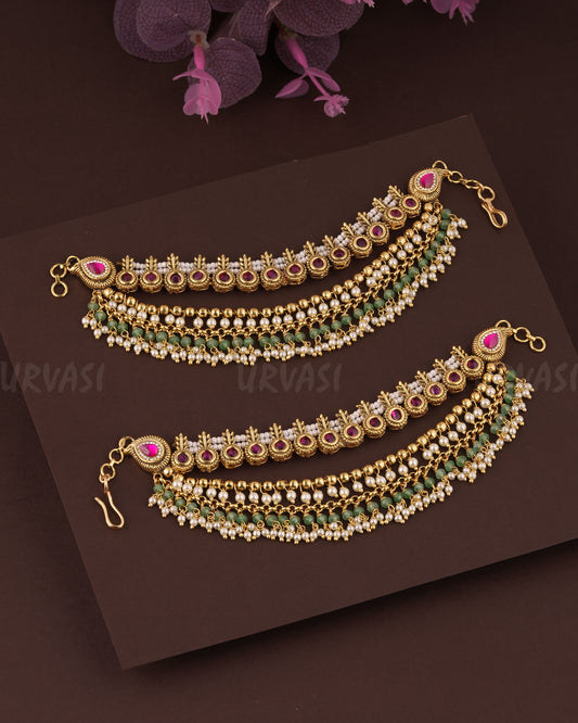 Gold-Toned Leaf-Designed Three-Layer Pearl Ear Chain EC 86