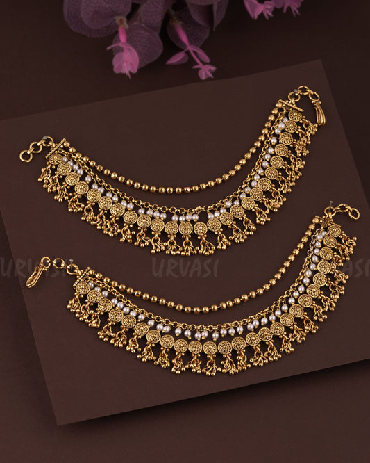 Gold Polish Floral Designed Beaded Three Layer Ear-Chain EC 90