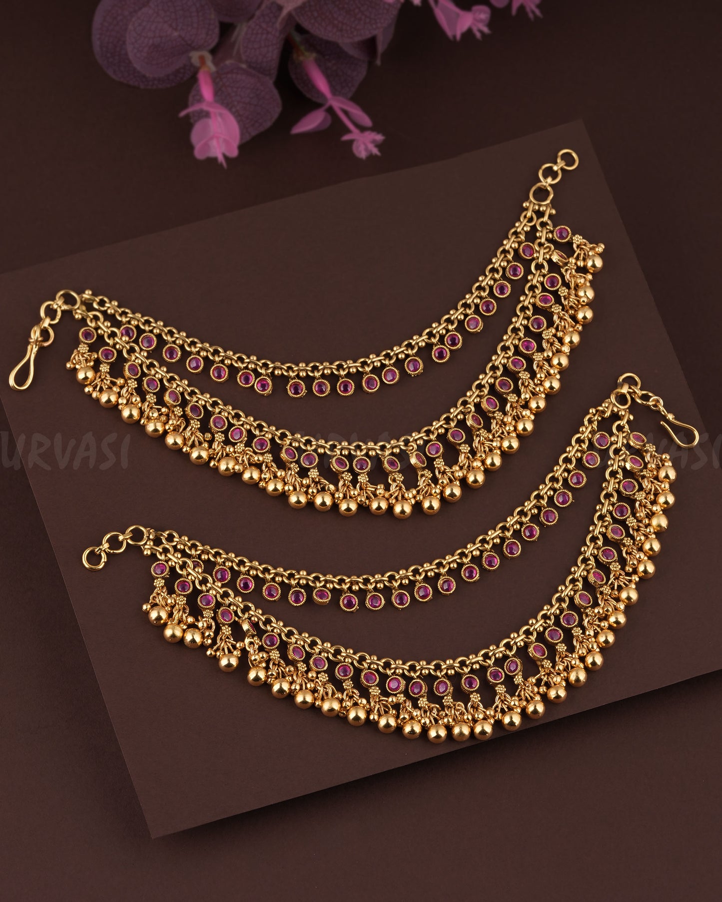 Gold Polish Ball Designed Two Layer Ear-Chain EC 93
