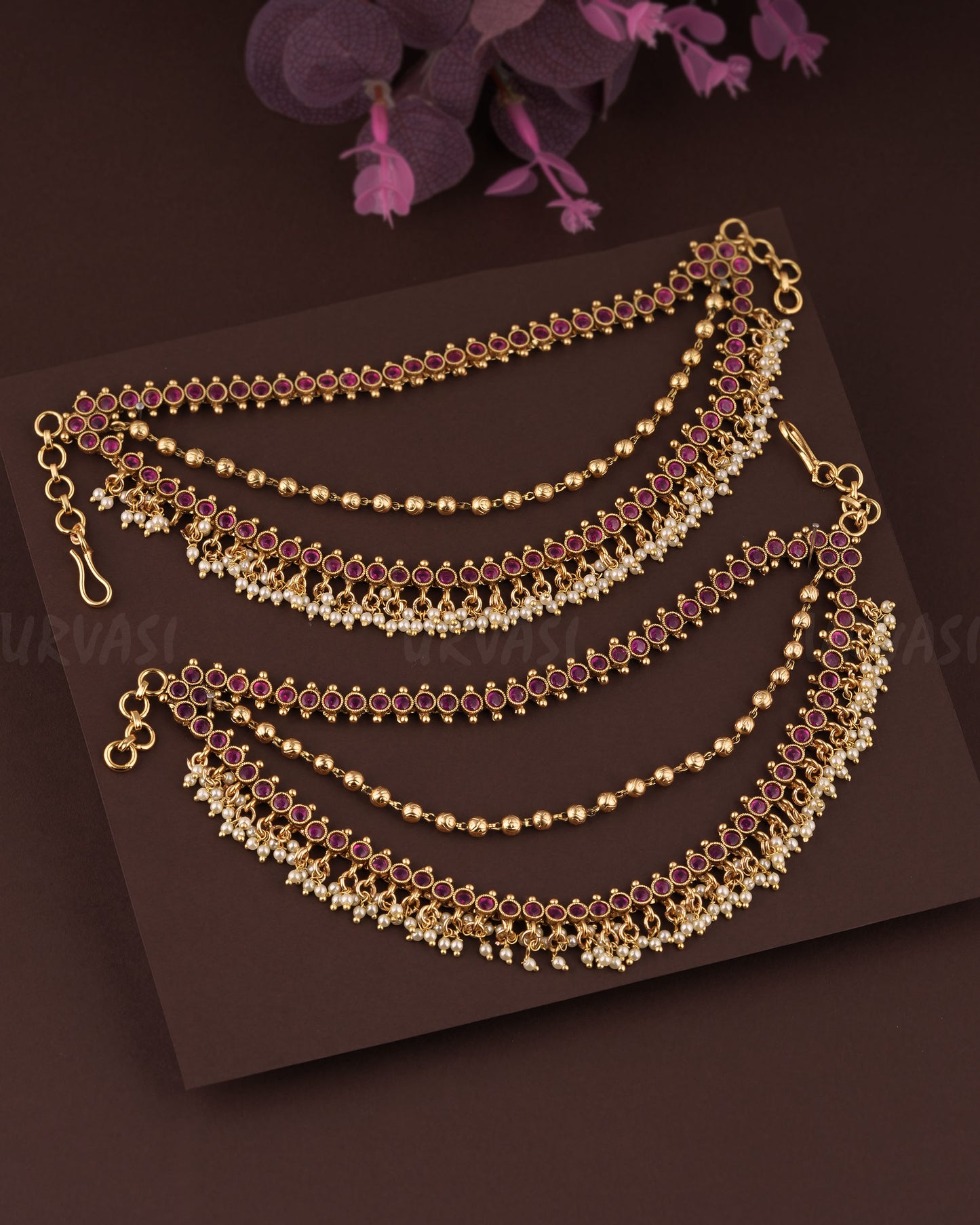 Gold Polish Ball Designed Gunghroo Three layer Ear-Chain EC 87