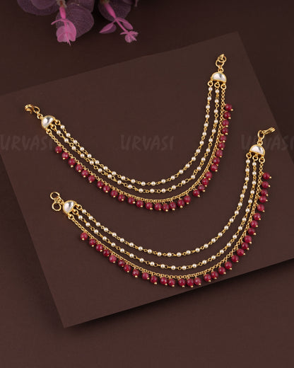 Gold-Toned Three-Layer Pearl Beaded Ear Chain EC 61