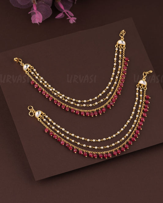 Gold-Toned Three-Layer Pearl Beaded Ear Chain EC 61