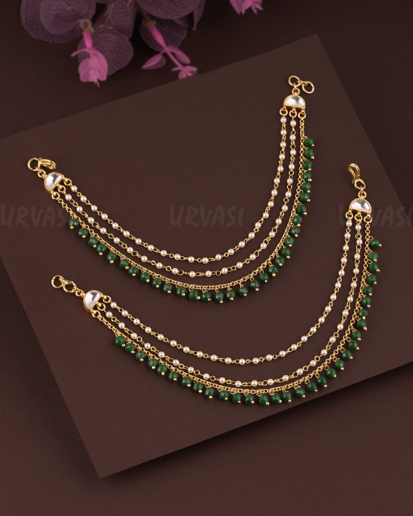 Gold-Toned Three-Layer Pearl Beaded Ear Chain EC 61