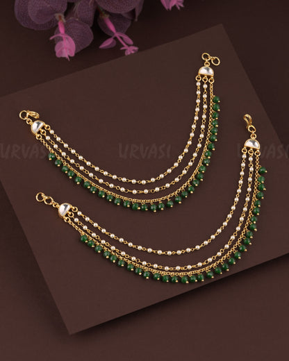 Gold-Toned Three-Layer Pearl Beaded Ear Chain EC 61