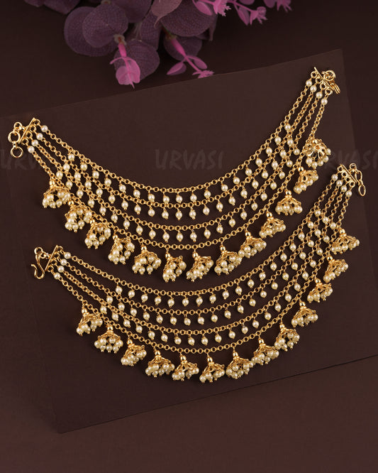 Gold-Toned Pearl Four-Layer Jhumka Ear Chain EC 53