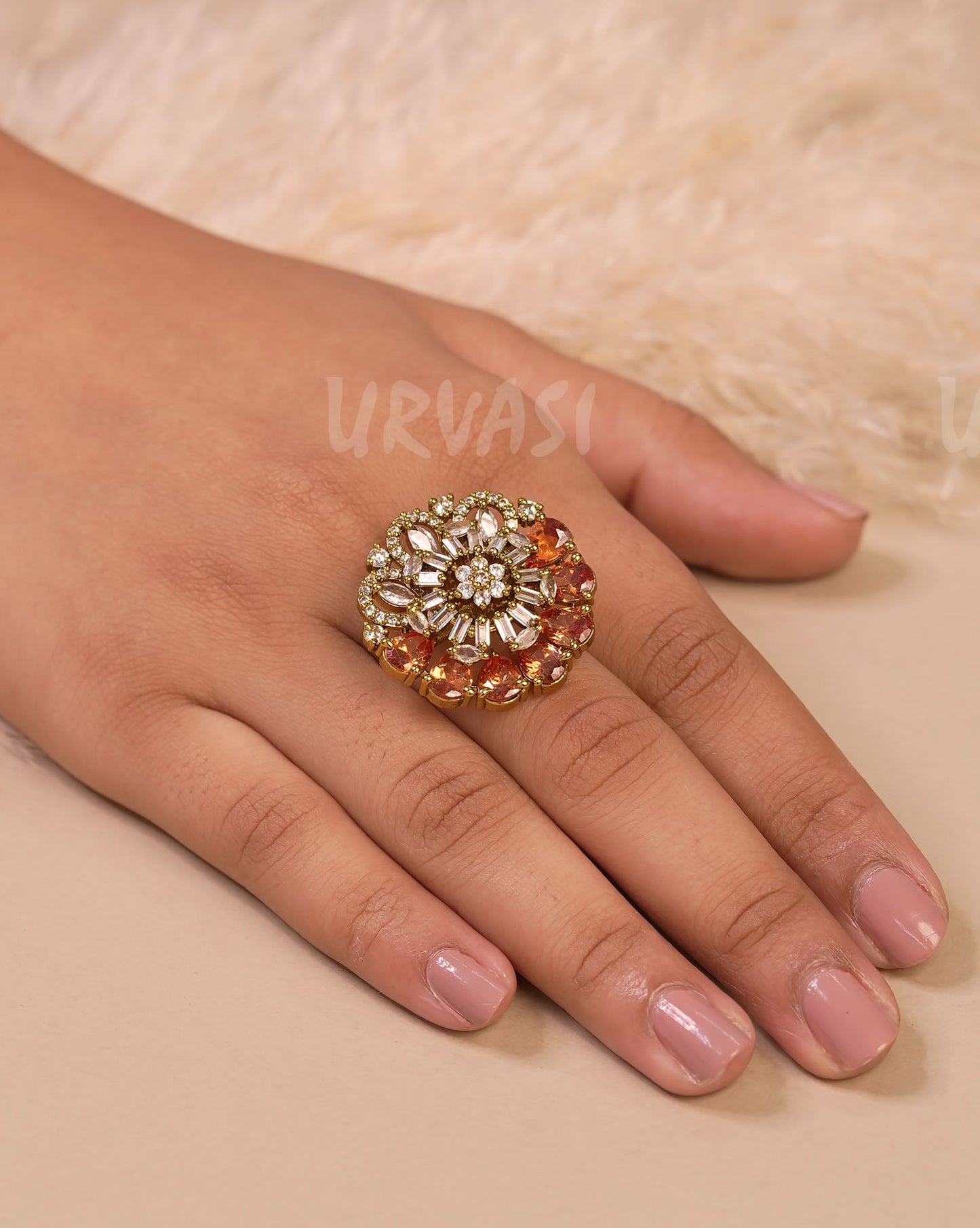 Mehendi Polish Stone Teardrop Floral Finger Ring FR 107
