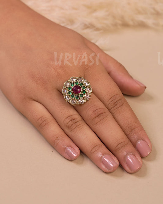 Mehendi-Toned Polki Floral Finger Ring FR 101