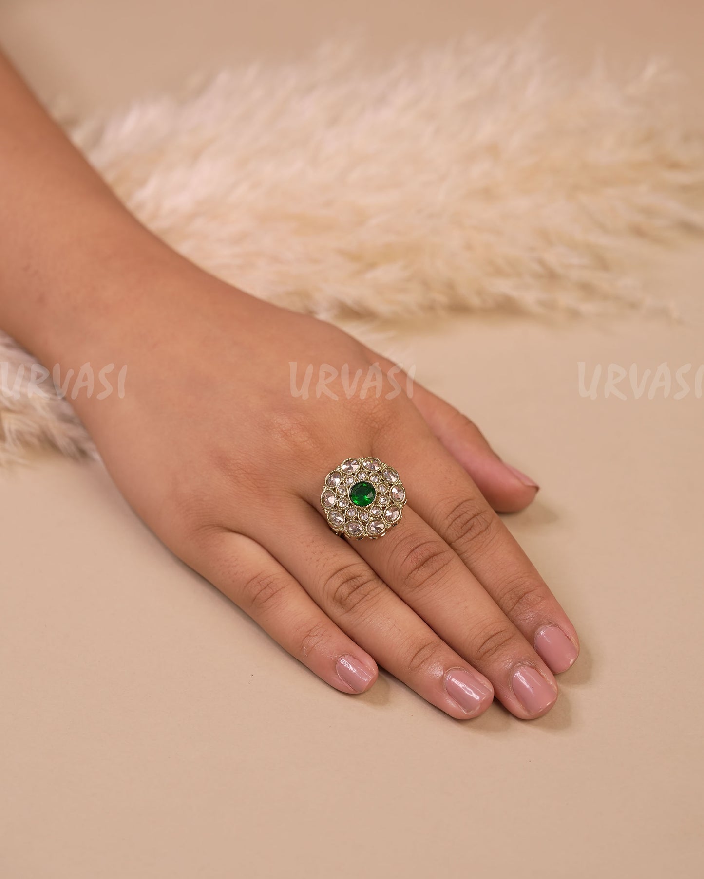 Mehendi-Toned Polki Floral Finger Ring FR 101