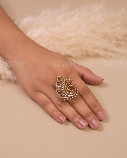 Mehendi-Toned Floral Peacock Designed Bridal Finger Ring  FR 99