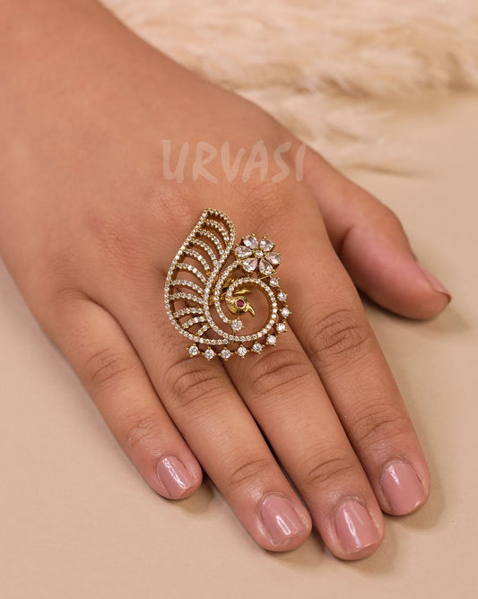 Mehendi-Toned Floral Peacock Designed Bridal Finger Ring  FR 99