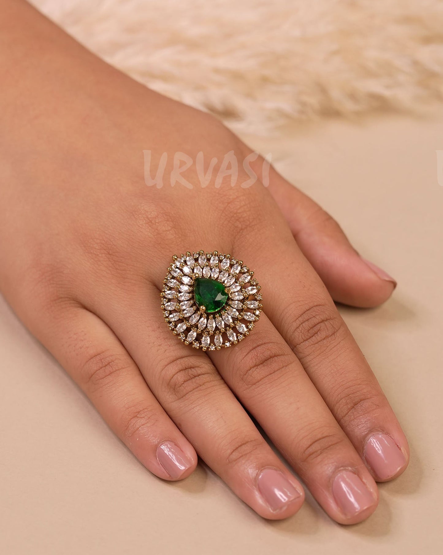 Mehendi Polish Tear-Drop Designed Stone-Studded Finger Ring FR 93