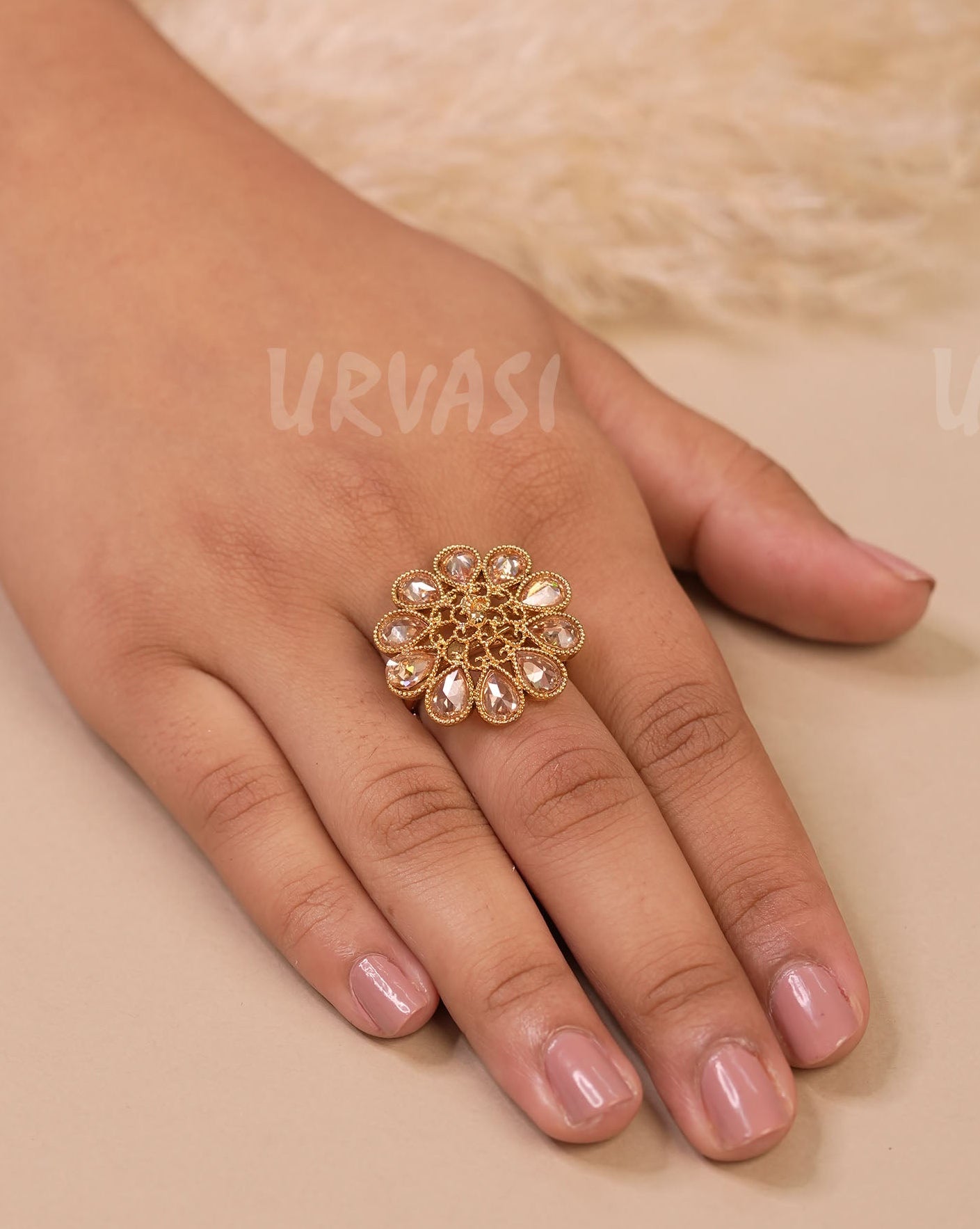 Gold-Toned Floral Teardrop Designed Finger Ring FR 88