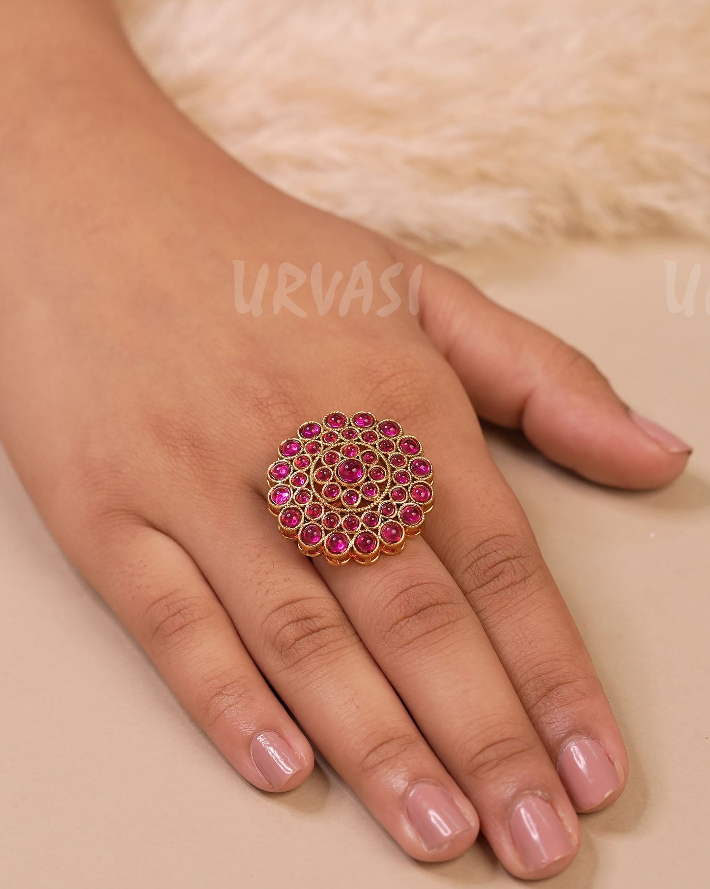 Gold-Toned Floral Ruby Finger Ring FR 85