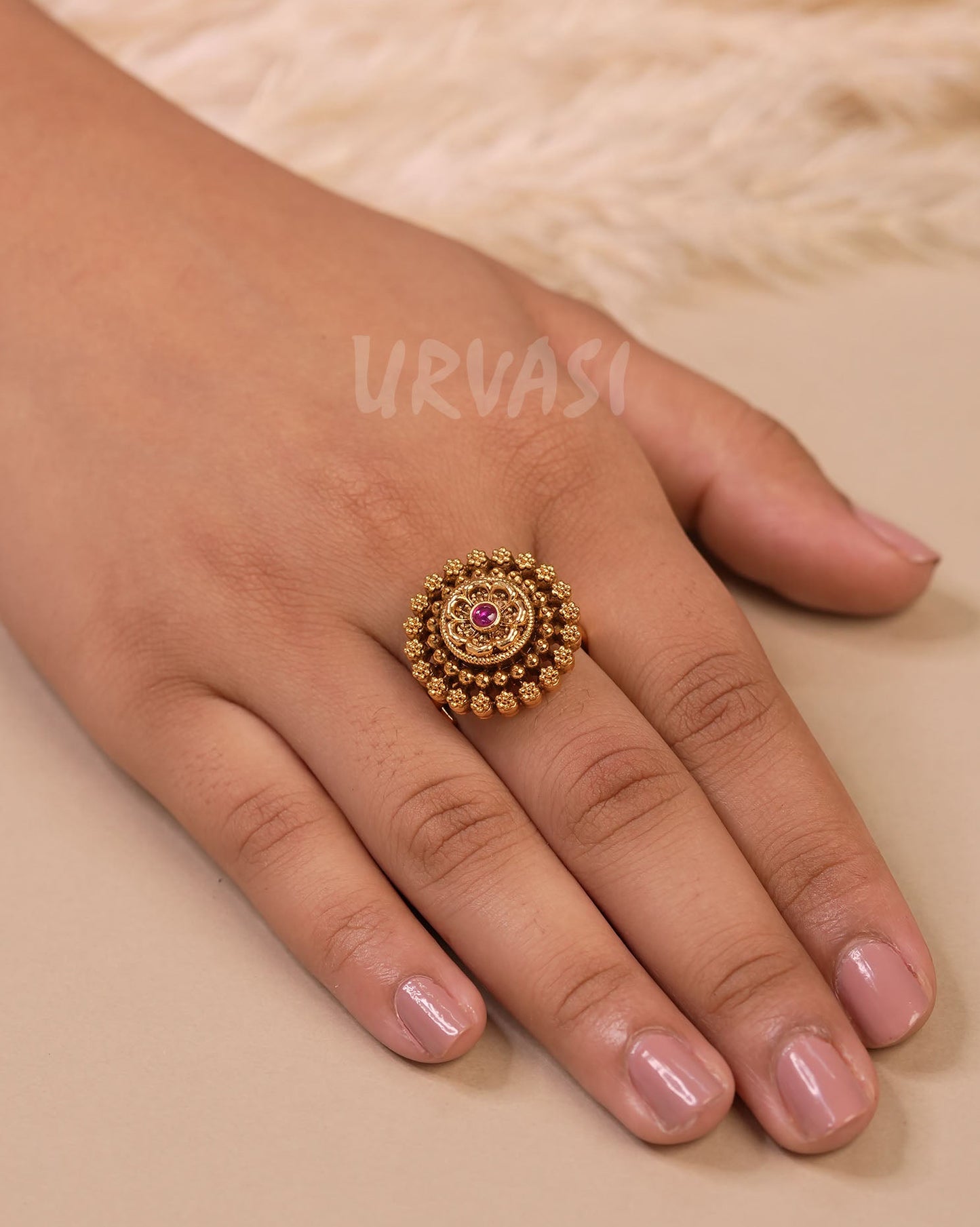 Gold Toned Floral Ruby Finger Ring FR 81