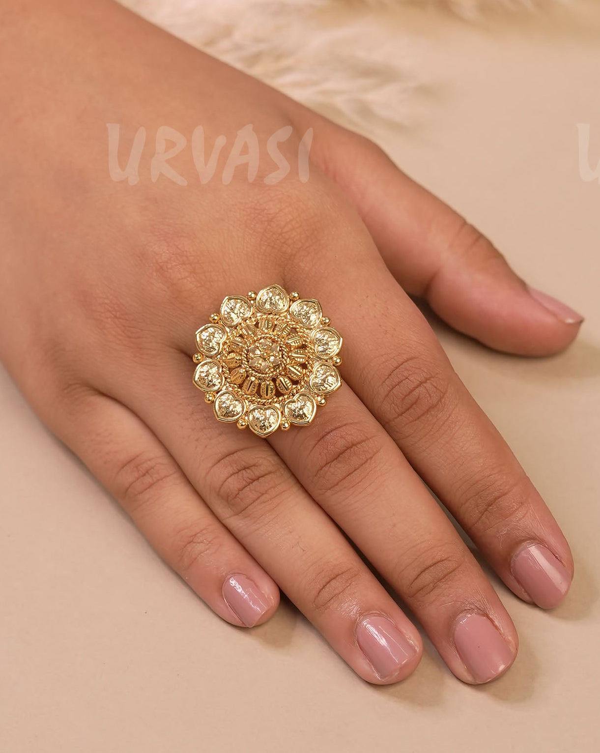 Gold-Toned Floral Heart-Shaped Designed Finger Ring FR 77