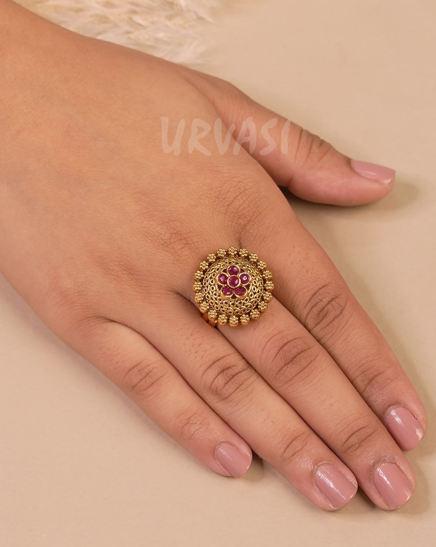 Gold-Toned. Floral Studded Finger Ring FR 70
