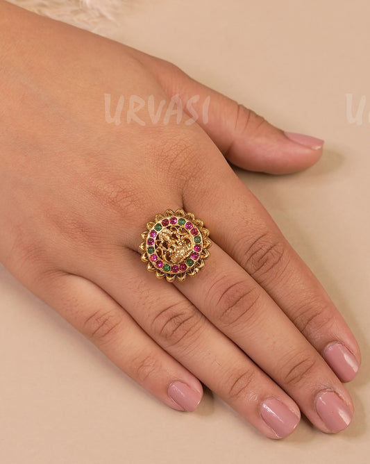 Gold-Toned Lakshmi Stone-Studded Finger Ring FR 68