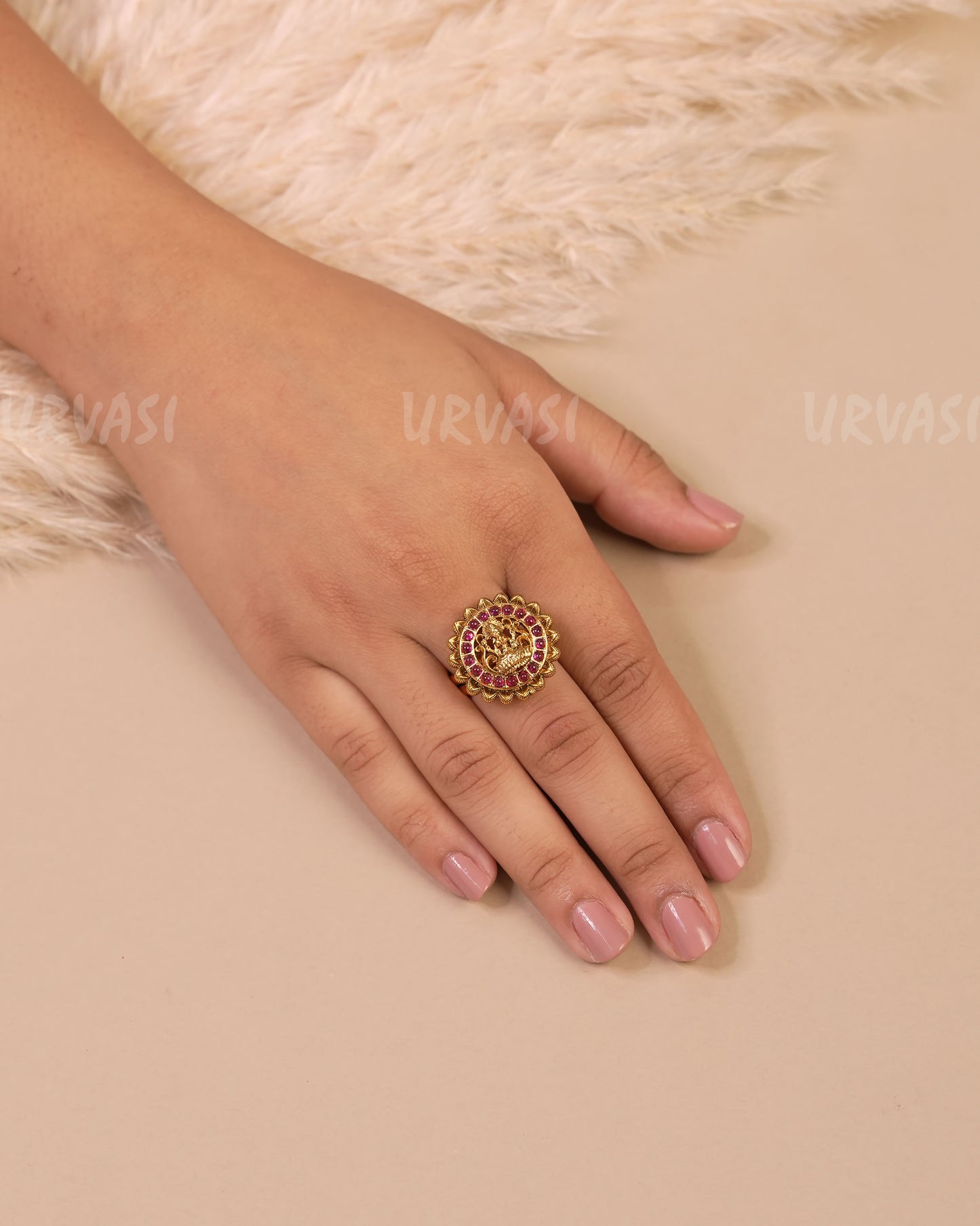 Gold-Toned Lakshmi Stone-Studded Finger Ring FR 68