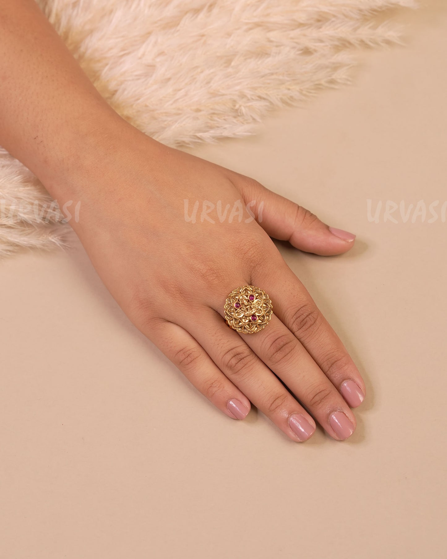 Gold-Toned Floral Lakshmi Finger Ring FR 63
