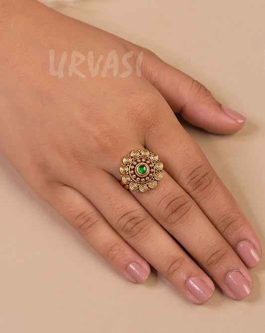 Gold Polish Floral Stone Finger Ring FR 60