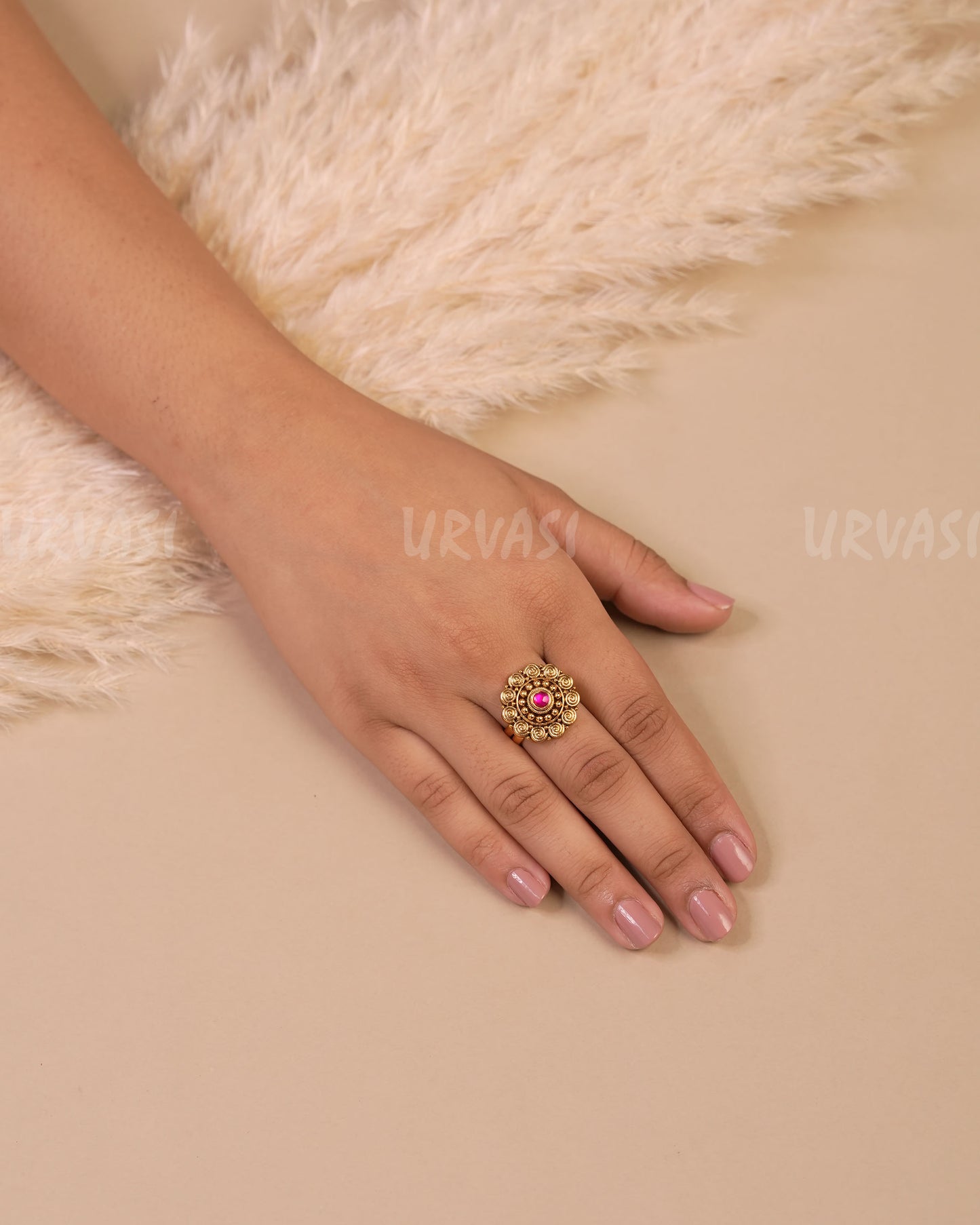 Gold Polish Floral Stone Finger Ring FR 60