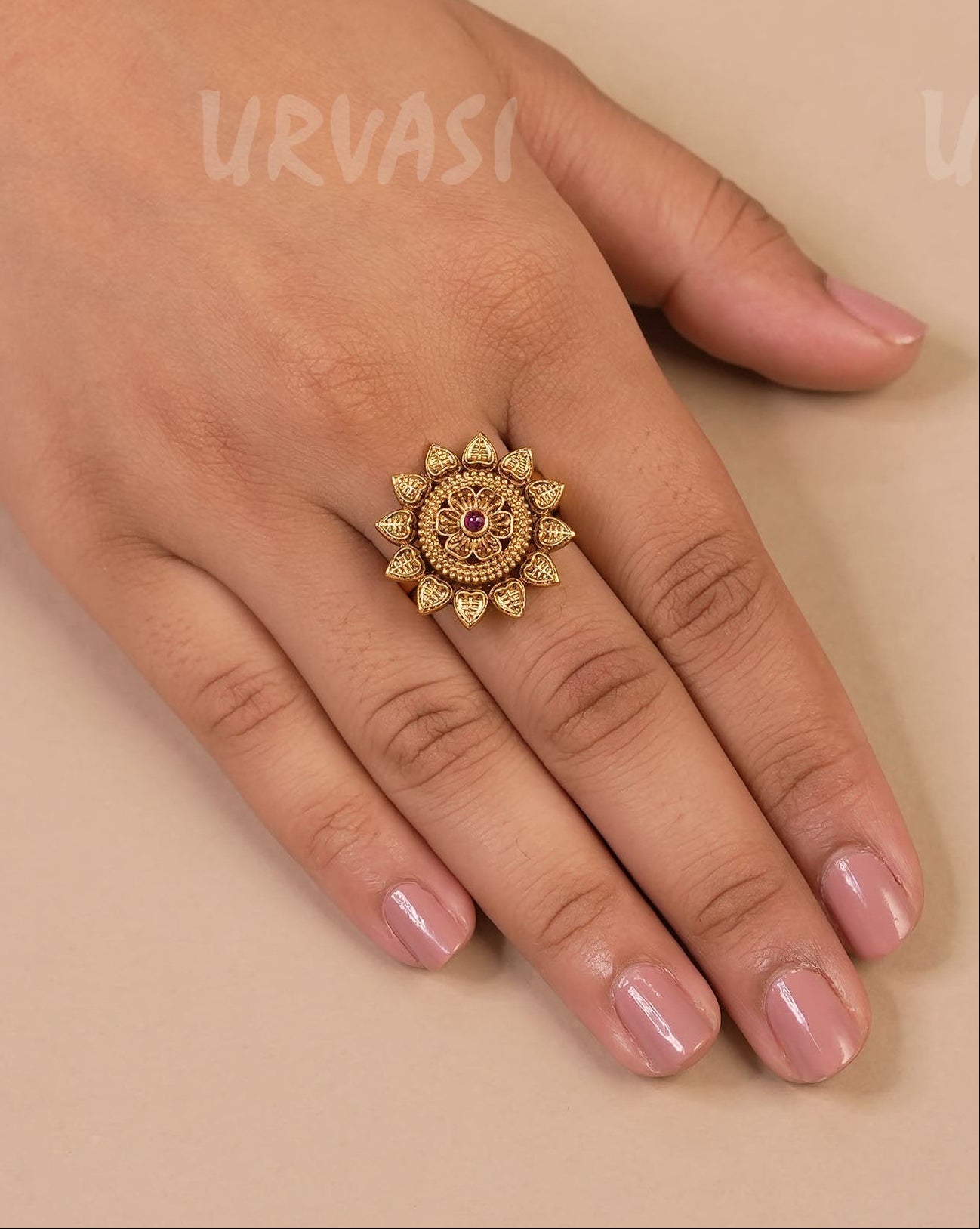 Gold-Toned Floral Stone -Studded Finger Ring FR 59