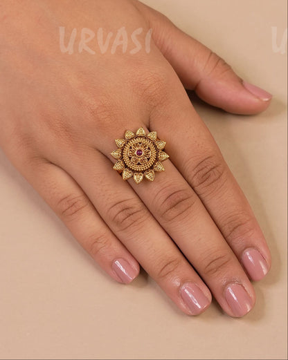 Gold-Toned Floral Stone -Studded Finger Ring FR 59