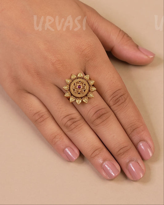 Gold-Toned Floral Stone -Studded Finger Ring FR 59