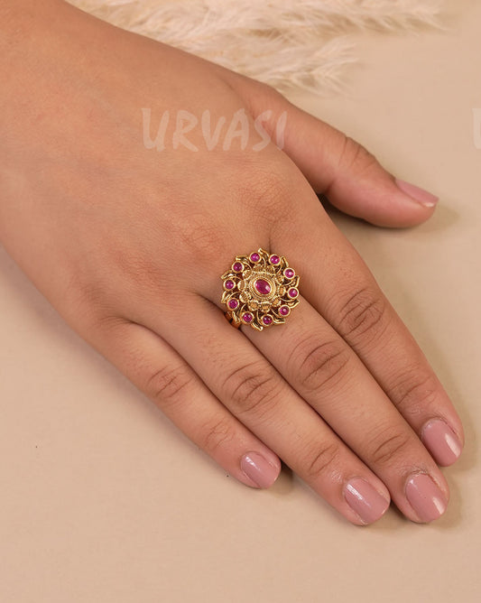 Gold-Toned Floral Stone-Studded Finger Ring  FR 57