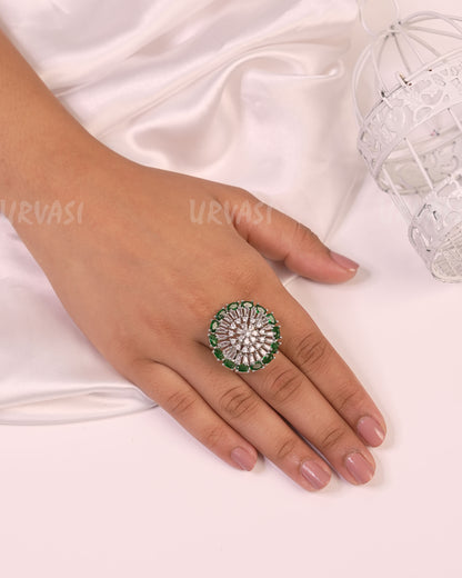 Rhodium Polish Floral Stone-Studded Finger Ring FR 50